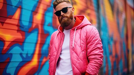 Stylish man in pink jacket against graffiti wall