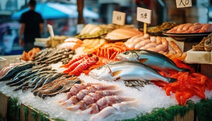 Fresh seafood display at market stall suitable for culinary industry - obrazy, fototapety, plakaty
