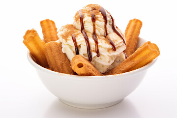 Delicious Churro Ice Cream Sundae - Authentic Mexican Dessert on a Pure White Background Created with Generative AI Tools
