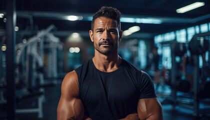 Confident muscular man in a gym setting for fitness and health industry
