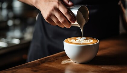 Barista pouring milk to create latte art in a coffee shop