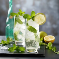 Fototapeta premium Refreshing Mojito Cocktail Drink on a Slate Coaster for Hospitality Industry