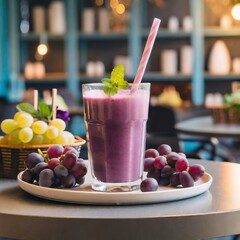 Grape smoothie in a glass on a table in a cafe