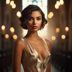 Fashion model body in gold dress, women's elegant gold dress. With a deep neckline. AI generated.