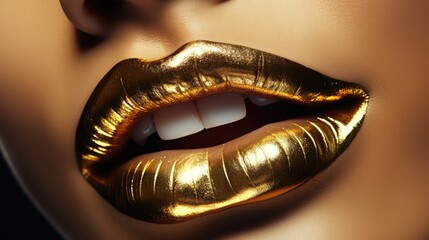Metallic gold lips. Beautiful make-up. Sexy lips, close-up. AI generated.