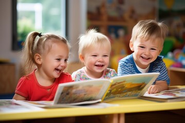 Children in kindergarten at a reading lesson. Pre-school education. A banner for magazines.