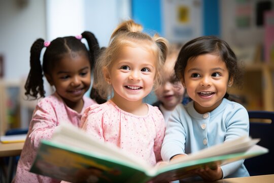 Children in kindergarten at a reading lesson. Pre-school education. A banner for magazines.