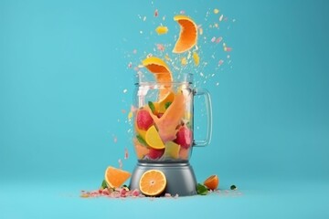Blender with flying fruit, isolated on blue background, fruit juice and splash. Generative AI