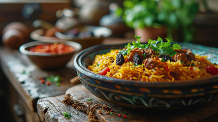 Azerbaijani pilaf with meat and dried fruits on a serving platter. - obrazy, fototapety, plakaty