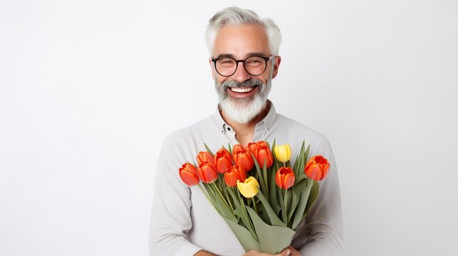 Brutal gray-haired man with a bouquet of Tulips. International Women day, Mother Day concept. valentine's day, copy space, Image for advertising, Banner, Magazines