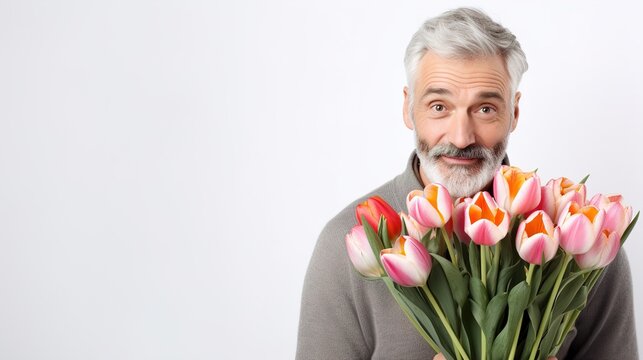 Brutal gray-haired man with a bouquet of Tulips. International Women day, Mother Day concept. valentine's day, copy space, Image for advertising, Banner, Magazines