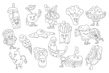 Groovy line food stickers set. Funny crazy characters of breakfast and takeaway fast food collection, comic mascots of mushroom and apple, pizza and sandwich, cupcake in outline vector illustrations