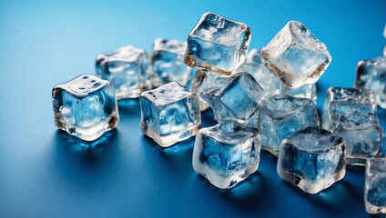 Ice Cubes on a Blue Background. backdrop with copy space