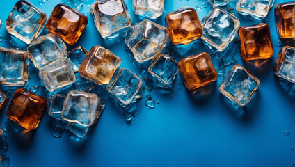 Ice Cubes on a Blue Background. backdrop with copy space - obrazy, fototapety, plakaty