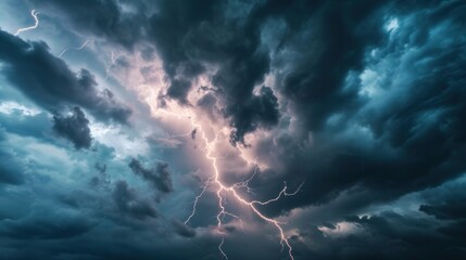 lightning strikes against the dark cloudy sky - obrazy, fototapety, plakaty