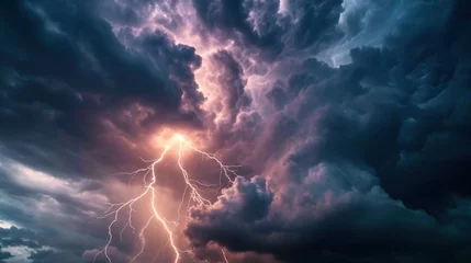 Fotobehang lightning strikes against the dark cloudy sky © olegganko