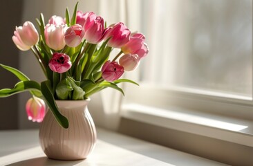 a vase of tulips on a white table,