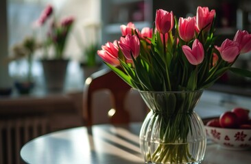 a vase of pink tulips on top of a white dinner table