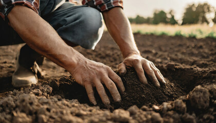 Organic Farming: Close-up of Farmer Planting Seeds in Cultivated Field