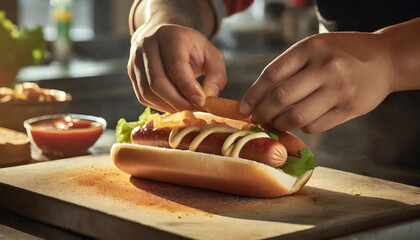 Delicious Grilled Hot Dog: A Tasty Fast Food Snack - obrazy, fototapety, plakaty