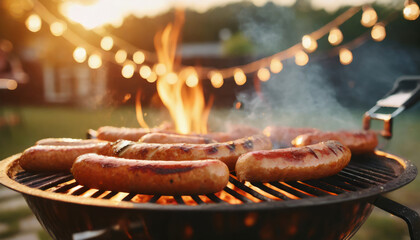 Sizzling Summer BBQ: The Perfect Picnic with Mouthwatering Grilled Sausages - obrazy, fototapety, plakaty