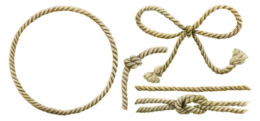 Set of watercolor knotted ropes cords bow knots Nautical thread whipcord with loops and noose. Rope cord Twisted Round frame, braided, folded, spiral fiber Illustration hand drawn isolated background. © Nataliia