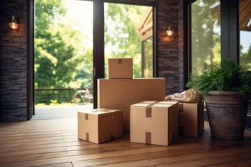 Moving house real estate concept. Boxes waiting to be unpacked on moving day