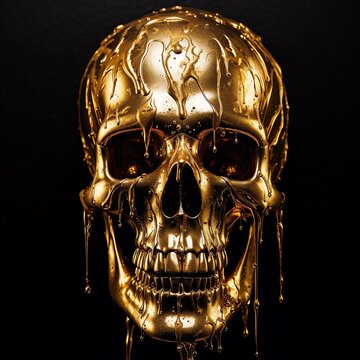 a gold skull with dripping paint