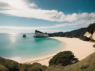 Foto op Plexiglas Panoramic photo of Cathedral Cove beach in the summertime, with no people, taken during the day, Panoramic picture of Cathedral Cove beach in summer without people during daytime © The Artist