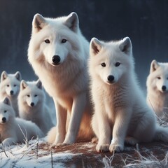 Naklejka na ściany i meble A pack of white wolves against a dark sky in winter against a dark background