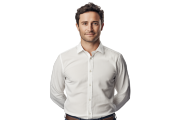 Portrait of a young smiling man looking into the lens on a transparent background