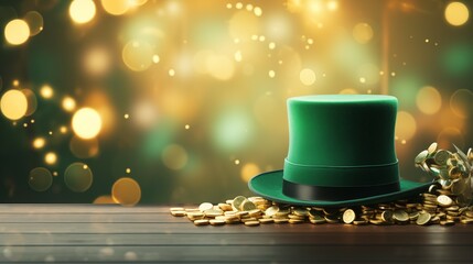 St. Patrick's day banner with green irish elf hat, gold coins, glitter and shamrock clover leaves.  - obrazy, fototapety, plakaty
