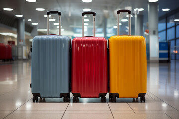 Three colorful suitcases in airport hall. Traveling or tourism concept