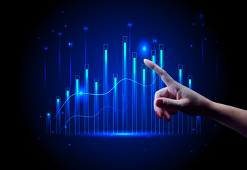 Virtual neon graph and female hand, profit analysis and sales growth dynamics