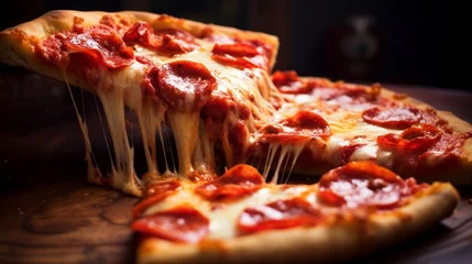 Foto op Aluminium Hot delicious pizza pepperoni with salami, close-up © Vitalii