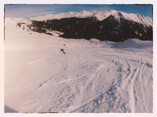 Winter ski resort. People go snowboarding. Post-processing