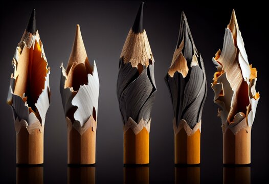 Different stages of a pencil's life span depicted through sharp, dull, and broken forms. Concepts of wear, aging, and variation. Generative AI