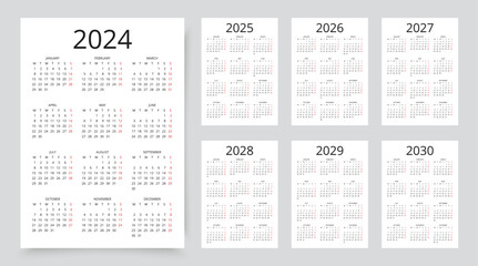 Calendar for 2024, 2025, 2026, 2027, 2028, 2029, 20230 years. Simple calender layout. Week starts Monday. Pocket or wall calendars. Planner template with 12 month. Yearly rganizer. Vector illustration - obrazy, fototapety, plakaty