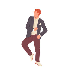 Excited casual man cartoon character wearing trendy festive outfit dancing having fun on party