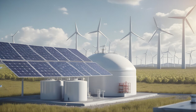 h2 hydrogen tank, solar panels and wind power turbines, 3d rendering