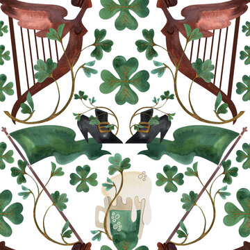 Seamless pattern with symbols of Ireland. Wrapping paper for St. Patrick's Day. Watercolor in vintage style on a white background.