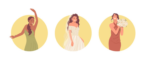Isolated round composition for hen party advertisement with happy bride and bridesmaid characters