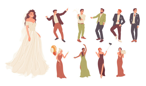 Set of beautiful male and female cartoon characters wearing elegant fashion dress and suit