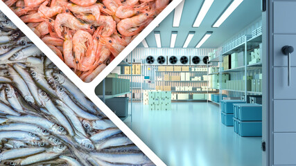 Industrial freezer for fish. Frozen seafood products near cold storage warehouse. Supermarket refrigerator with shrimp in boxes. Freezing equipment for storing fish. Cold refrigerator storage - obrazy, fototapety, plakaty