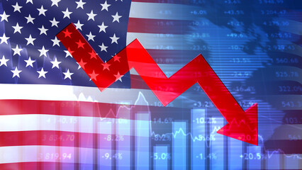 Recession in USA. Financial crisis in America. USA flag with falling quotes. Recession crisis in united states. Down arrow symbolizes economic collapse. Chart shows stock price collapse. 3d image