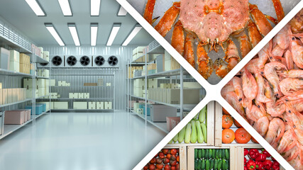 Refrigerated warehouse. Seafood and vegetables near freezer. Refrigerated warehouse for...