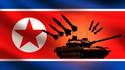 Military equipment of North Korea. DPRK moisture with silhouette tank. Rockets near North Korea flag. Military industrial complex of DPRK. Military technologies. Purchase weapons for army. 3d image - obrazy, fototapety, plakaty