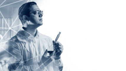 Man laboratory assistant. Scientist with test tube on white. Copy space. Laboratory technician...