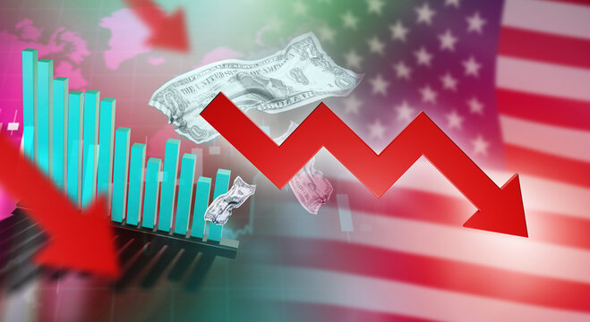 Inflation in USA. American flag with downward arrows. USA dollar depreciation. Economic inflation USD. Crisis chart near flag of united states. Crumpled dollar. Inflation crisis in USA. 3d image