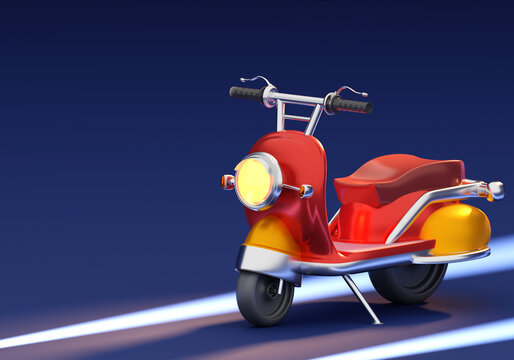 Red moped. Retro motorcycle on neon background. Moped for courier. Vintage motorcycle for road riding. Moped is without driver. Mini motorcycle with round lamp. Cartoon style. 3d image